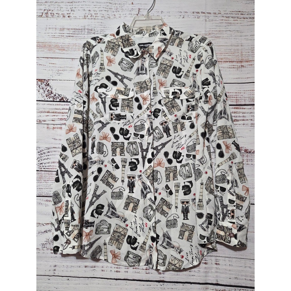 Karl Lagerfeld Paris Women White Print Button Down Blouse Sz M Roll Tab Sleeve